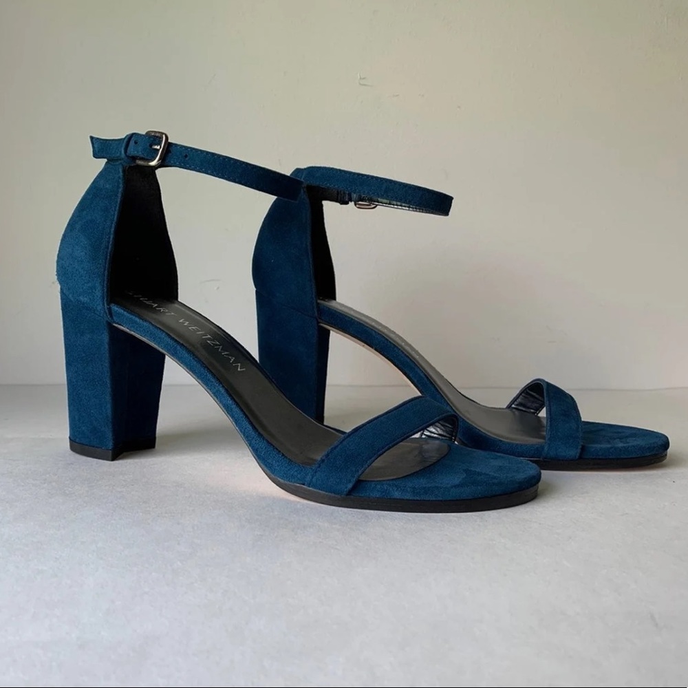 Stuart Weitzman Nearlynude  Blue Teal Suede Ankle Strap Block Heel Sandal Size 7